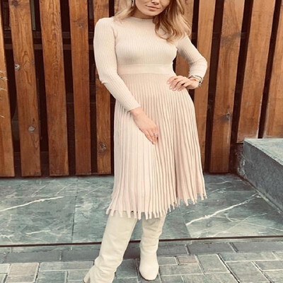 

Stretch Solid Long Sleeve Mock Neck Ribbed Trim Knit Midi Skater Dress