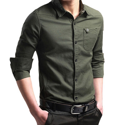 

Fashion Mens New Shirt Uniform Slim Business Shirt Pocket Decoration Army Green
