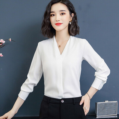 

Plus Size OL Loose Fashion Autumn Long sleeve V-neck Formal Office Blouse Chiffon Blusas Femininas Tops Womens Blouse F1