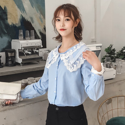 

Women Lace Collar White Blue Shirt Lacy Long Sleeve Shirts Korean Women Streetwear Slim Chiffon Blouse Elegant Ladies Tops 2019