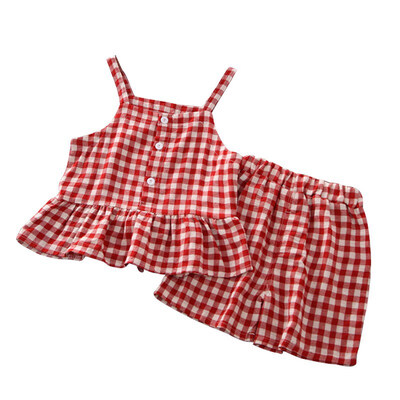 

2pcsset Children Set Summer Fashion Concise Sweet Plaid Sleeveless T-shirts All-match Girls Set