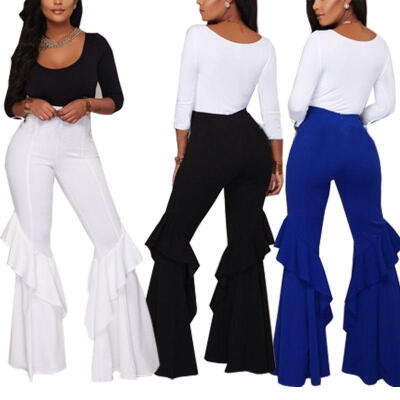 

Women Casual Flare Ruffle Pants Wide Leg High Waist Long Loose Palazzo Trousers