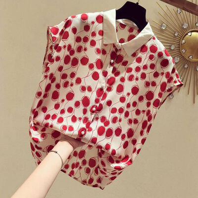 

All-match Women Blouse Summer Retro Temperament Dot Print Blouse Vintage Short Sleeve Lapel Loose Casual Tops Shirt
