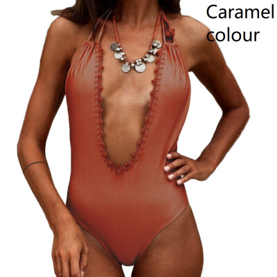 

2018 New Fashion Womens Bikini Solid Color One-piece Sexy Halter Swimsuit Beachwear