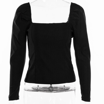 

Fashion Square Collar Black T Shirt Women Autumn New Short Tshirt Elegant Solid Color Bubble Long-sleeved Pullover T-shirt Tops