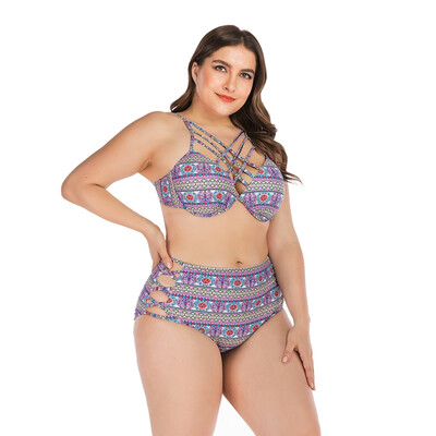 

Women Swimsuit Hollow-out Printed Strappy High Waist Swimwear Bikini Top Bottom Lady Plus Size Swimsuit Beach Swimming Suit