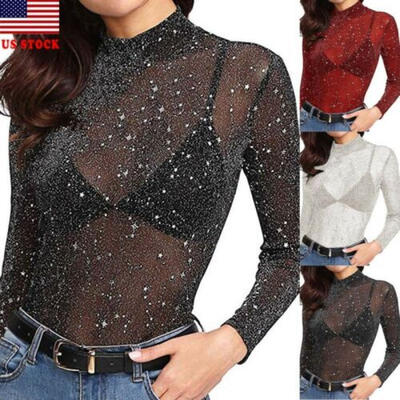 

Women Sparkle Mesh Sheer See-through Long Sleeve Crop Top Glitter Blouse T-Shirt