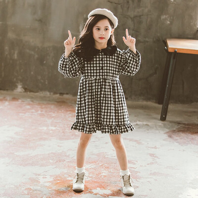 2019 Autumn Girl Dress Cotton Long Sleeve Children Dresses Plaid Kids Dresses for Girls Fashion Girls Clothing