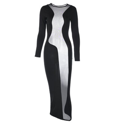 

Women Nightclub Mesh Spliced Party Sexy Lingerie Hot Dress Black Long Sleeve Racy Costume Nightdress