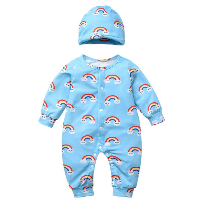 

Newborn Baby Clothes 0-18M Autumn Baby Boy Girl Cotton Rainbow Pattern Infant Long Sleeve JumpsuitHat Newborn Romper Set