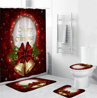 

〖Follure〗4Pcs Christmas shower Curtain Bathroom Anti-slip Carpet Rug Toilet Cover Mat Set