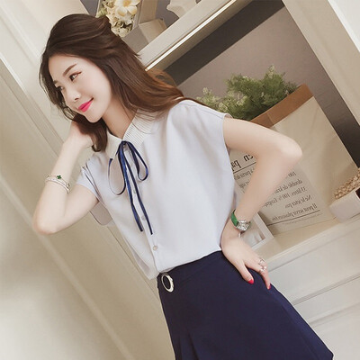 

2019 Women Concise Summer Bow-knot All-match Leisure Sweet Solid Color Loose Short Sleeve Shirts