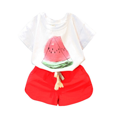 

Girl T-shirt Summer Tops Baby Girl Clothes Cartoon Watermelon T-shirt Red Shorts Baby Clothes Set Beach Holiday Kids Clothes