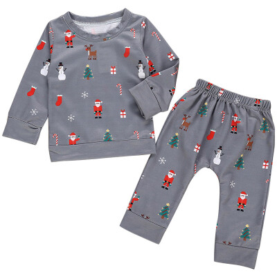 

New Baby Boy Girl Newborn Christmas Long Sleeve Christmas Cartoon Print T-Shirt TopsPants Trouser Costume Cotton Set