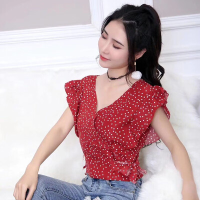 

Dot Print Elegant Chiffon Blouse Women Short Sleeve Ruffles Lace Up Nipped Waist Blouse Sexy V-Neck blusas mujer de moda