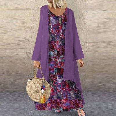 

Tailored Women Ethnic Style Print Long Sleeve Plus Size O-Neck Loose Long Dress