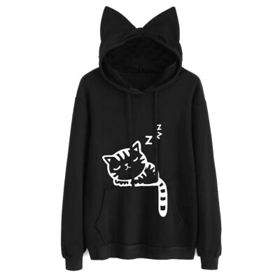 

New 2017 Winter Fashion Women Cat Ear Hooded Sleep Cat Printed Long Sleeve Pullovers Female Fashion Sweatershirt Women