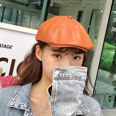 

PU black beret British retro hundred leather forward painter hat spring autumn&winter female Korean version tide