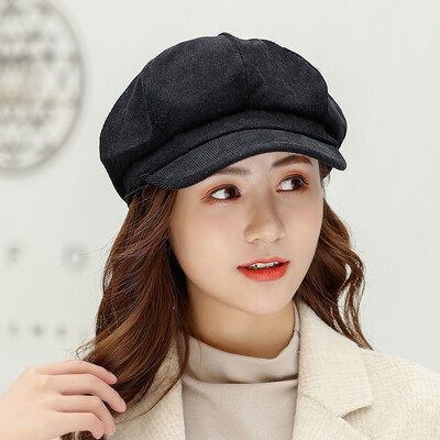 

Korean solid color corduroy octagonal hat female autumn&winter art painter hat retro duck tongue hat beret hat tide