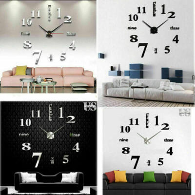 

USA Modern DIY Large Wall Clock 3D Mirror Surface Sticker Home Room Decor Art