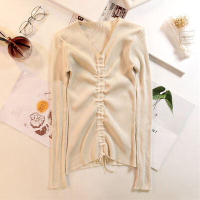 

Womens Sweater Autumn And Winter V-neck Slim Versatile Outer Wear Long-sleeved Sweater Pullover Solid Color Drawstring Knit Top