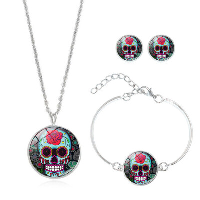 

Women Fashion Anti-Allergic Silver Jewelry Set Sugar Skull Rose EarringsNecklaceBracelet Halloween Accessories Jewelry Set