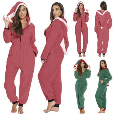 

Womens Christmas Pajamas Santa Sleepwear Hoodie Warm Plush Xmas Clothes Nightwear Jumpsuit Home Pyjamas