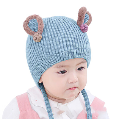 

Newborn Girls Boys Winter Warm Caps Kids Baby Ear Design Hats Knitted Wool Hemming Caps 1-3y