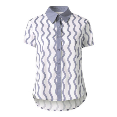 

Womens Striped Digital Print Turn-down Collar Casual Short Sleeve Button Ladie Office Fashion Loose Single Breasted Blouse