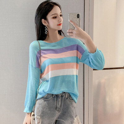 

Women Korean Sweet Sweaters Long Sleeve Light Chic Autumn Thin Kawaii Rainbow Striped Pullovers Knitted Basic Jumpers