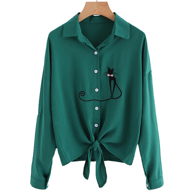 

Embroidered Cat Women Shirts Tie Knotted Hem Casual Long Sleeve Crop Tops Blouse Button Tops Female 3 Colors Size -XXL