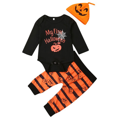 

Fashion Baby Boy Girl Cute Long Sleeve Halloween Pumpkin Print Romper Tops Trousers Hat Outfits Clothes
