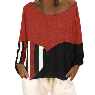 

Plus Size Casual Color Block Striped Women Long Sleeve Round Neck T-Shirt Top