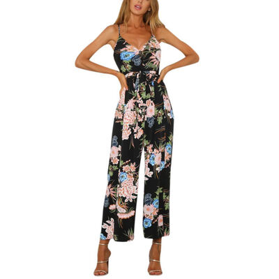 

V Neck Backless Floral Print Off Shoulder Spaghetti Strap Split Full Length Jumpsuits For Women Bodysuits Beach Overalls Female