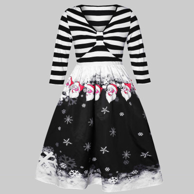 

Tailored Women Christmas Dress V-neck Bow Vintage Snowflake Gift Print Dress