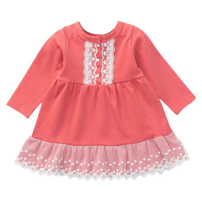 

0-5T Children Autumn Girls Cute Lace Stitching Round Collar Princess Long-Sleeved Sweet Solid Color Dress