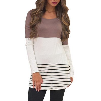 

Plus Size Color Block Striped Lace Patchwork Long Sleeve T-Shirt Women Tunic Top