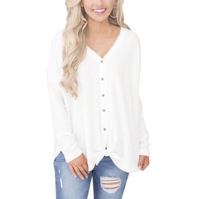 

Casual Female Autumn Blouses Long Sleeve V-neck Buttons Blouse Shirts Irregular Knit Basic Tops Femme Tied Up Shirts