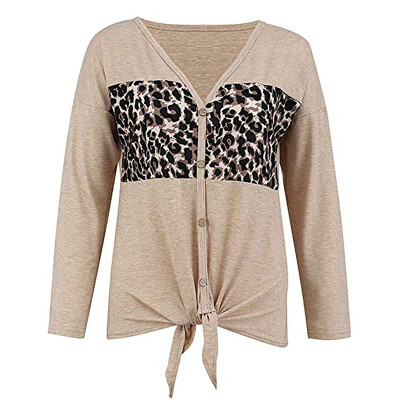 

Women Fashion V-neck Leopard Patchwork Bandage T-Shirt Autumn Casual Long Sleeve T Shirt Female Button Top Tees Shirts Clothing