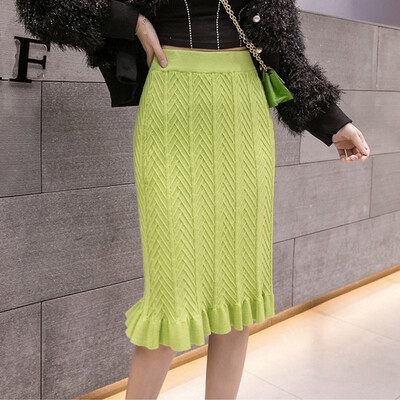 

Slim Elegant Women Knitted Skirt Fishtail Female Autumn Winter Korean Solid Color High Waist Bag Hip Skirt Ruffled Skirt
