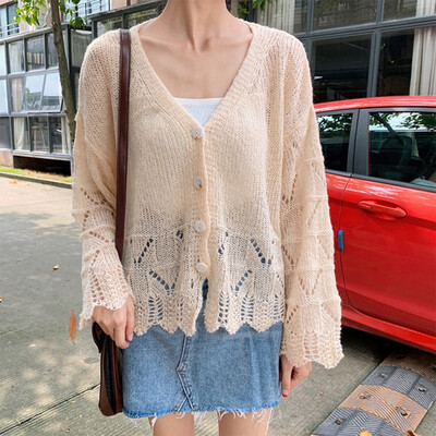 

Fashion Ladies Hollow Sweaters Long Sleeve Cardigans Thin Tops V-Neck Ruffles Solid Sweaters Single Breasted Knitted Tops