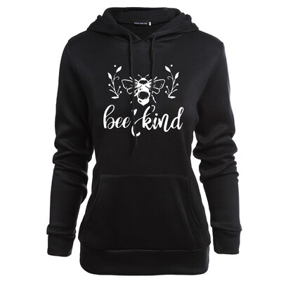 

2019 Women Long Sleeve Hoodie Casual Bee Kind Printing Hooded Sweatshirts Women Black Pullover Hoodie