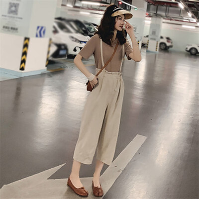 

Summer Womens New Style Elegant Fashion Design Casual Two Pieces Set Fashion O-Neck Solid Top And Calf-Length Overalls Set