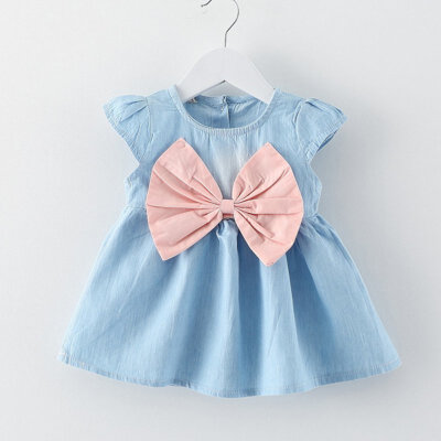 

Cute Baby Girls Children Kids Bow-knot Design Denim Baby Summer Style Casual Wear Short Sleeve Mini Dress Clothes