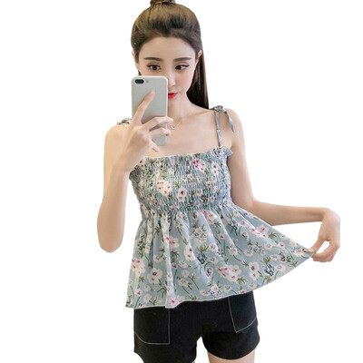

Women Halter Shirts Tanks Top Summer Beach Clothing Spaghetti Strap Floral Print Chiffon Shirt Vest Blouses Crop Top Sexy Top UJ