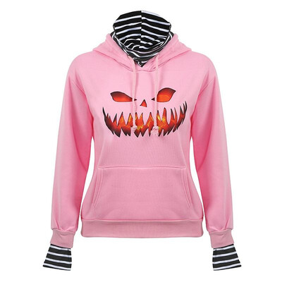 

Fashion Women Autumn Halloween Print Hooded Hoodie Fake Two Pieces Turtleneck Long Sleeve Drawstring Pocket Striped Splicing Pullo