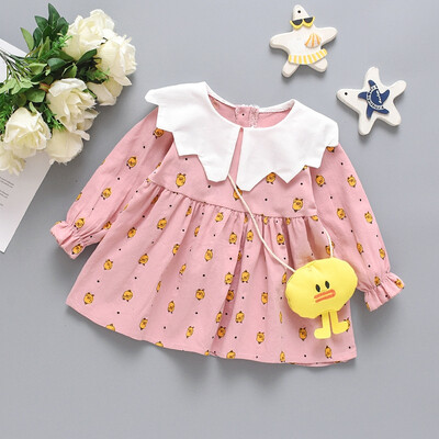 

2019 Autumn Cute Casual Baby Girls Long Sleeve Printed Cartoon Duck Dress Kids Sundress With Cute Bag