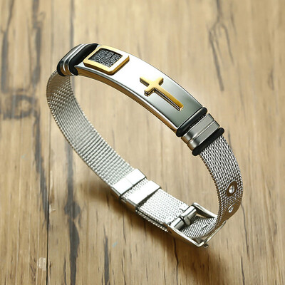 

Unisex Fashion Wristband Jewelry Black Gold Silver Cross Stainless Steel Bracelet Adjustable Bangle