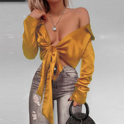 

Fashion Women Sexy Lace-up Tee Casual T-shirts Long Sleeve Blouse Slim Club Tops