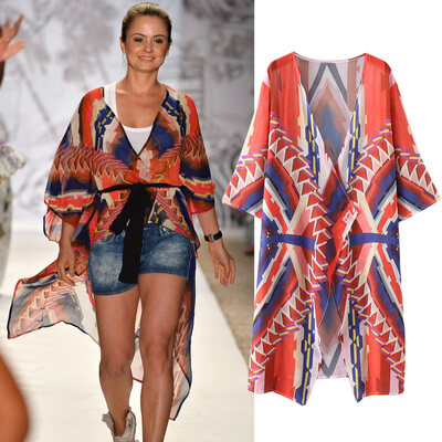 

Women Casual Hippie Kimono Chiffon Blouse Geometric Print Long Loose Cardigan Summer Beach Cover Up Orange